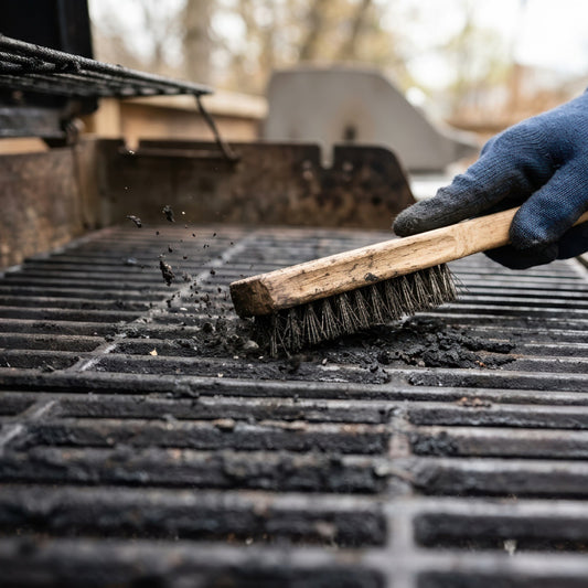 A gloved hand uses a wooden wire brush to scrub heavy rust and charred buildup off dirty barbecue grates.