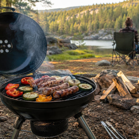 Portable bbq with meat and veggies on the grill