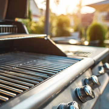 Close-up of clean stainless steel BBQ grill grates and control knobs on a gas barbecue for outdoor cooking in Winnipeg, Manitoba.