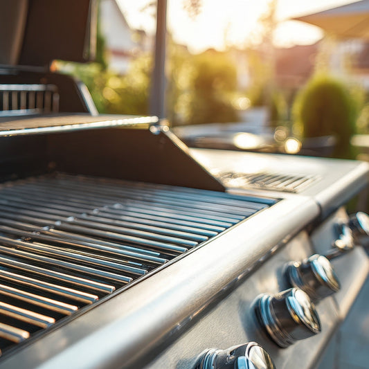 Close-up of clean stainless steel BBQ grill grates and control knobs on a gas barbecue for outdoor cooking in Winnipeg, Manitoba.