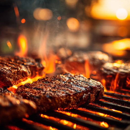 A backyard barbecue features sizzling steaks on a grill