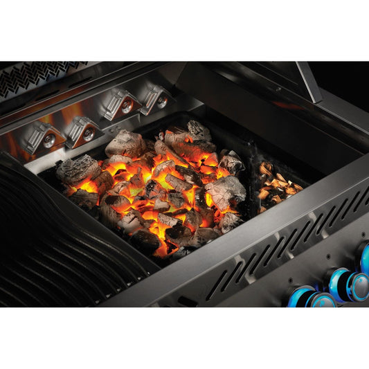 Napoleon BBQ natural gas grill equipped with a charcoal tray accessory for wood-fired flavor.