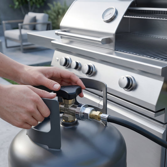 Connecting a propane tank to a premium stainless steel gas BBQ grill for a backyard cookout in Winnipeg.