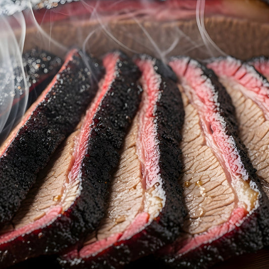 Slices of perfectly smoked beef brisket with beautiful smoke ring