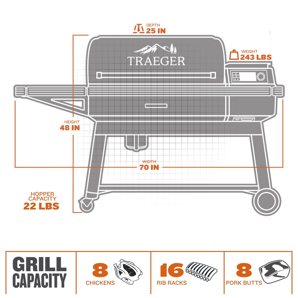 image of Black Traeger Ironwood XL Pellet Grill with dimensions