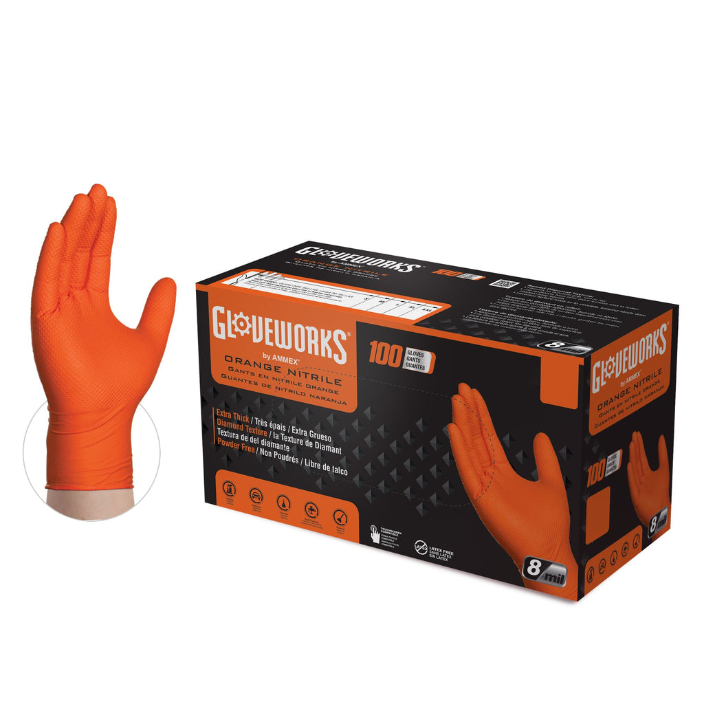 Ammex Gloveworks - Orange Nitrile Gloves - 100 Per Box